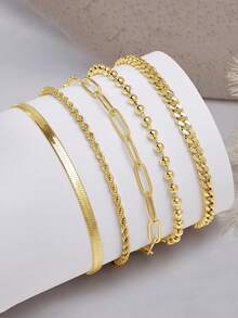 5 buah Gelang Elegan Warna Emas yang Dapat Diatur, Gaya Minimalis, Cocok untuk Wanita (Jumlah manik-manik pada rantai acak, tetapi panjangnya tetap) - Emas 5 bungkus - View 2