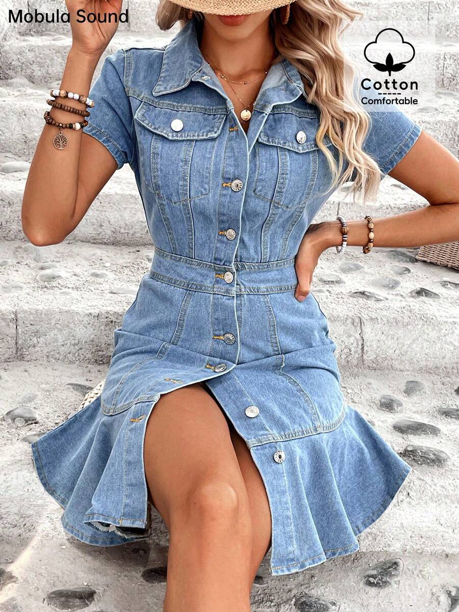 Mobula Sound#时尚休闲度假性感音乐节旅游度假鱼尾纽扣袖口优雅女士连衣裙，蓝色牛仔，春夏 - 藍色 - 查看 1