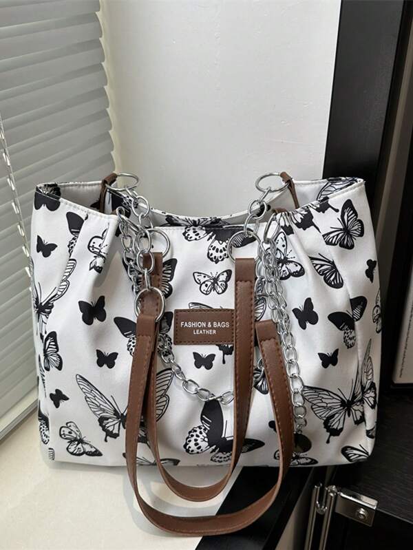 حقيبة يد مخططة عصرية - حقيبة كتف سعة كبيرة للنساء - حقيبة تسوق بسحاب للاستخدام اليومي - حقيبة كتف بسلسلة معدنية بتصميم بسيط للمراهقات والنساء وطلاب الجامعة والموظفين، مثالية للمكتب والعمل والأعمال والتنقل، أفضل حقيبة عمل للنساء للعودة إلى المدرسة