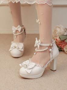 Block Chunky High Heels Pumps For Women Cute Bow Ruffle Ankle Strap Pearl Chain Platform Lolita Style Pumps Woman - 白色 - 查看 1