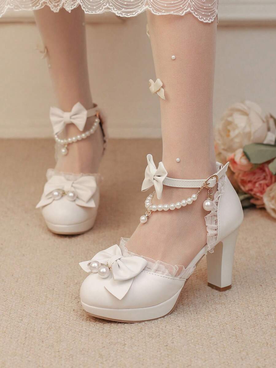 Block Chunky High Heels Pumps For Women Cute Bow Ruffle Ankle Strap Pearl Chain Platform Lolita Style Pumps Woman - 白色 - 查看 1