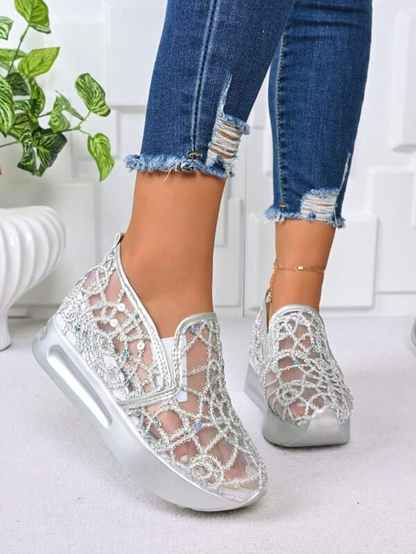 Slimming Lace Mesh Breathable Lightweight Glitter Wedge Platform Sneakers For Women, Spring/Summer