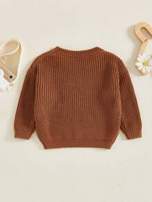 Toddler Boys Knitted Jumper Big Bro Letter Embroidery Round Neck Pullover Sweater Baby Warm Knit Tops Pullover Knitwear - 棕色栗黃 - 查看 2