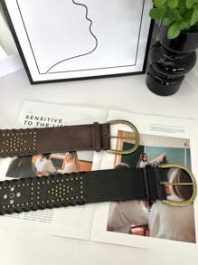 1 件几何图案波西米亚复古 PU 皮革铆钉水钻编织宽腰带，适合裤子、裙子、各种节日、音乐会、Y2K、朋克、复古、西部牛仔风格秋季、秋季、万圣节 - 彩色 - 查看 10