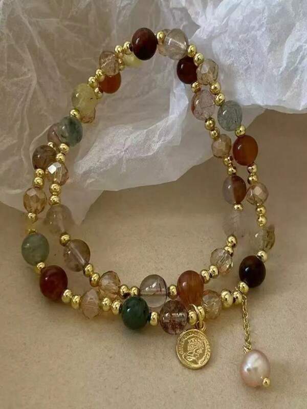 Modisches Armband mit doppelter Lage, Kristall- und Perlenverzierung, vintage, zierliches stapelbares Schmuckdesign (Zufallsfarbe)