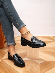 女士圆头平底乐福鞋,厚底复古休闲鞋,学院风学生鞋,春秋季 - 黑色 - 查看 3