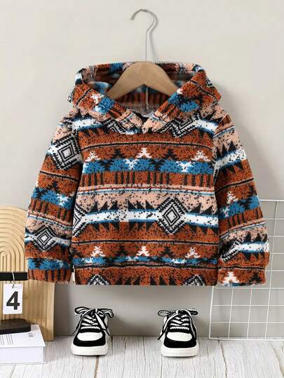 Young Boy Retro Loose Thick Warm Casual Sweatshirt, Featuring Fair Isle Geometric Pattern, Long Sleeve Pullover With Slight Stretch, Fashionable Autumn/Winter Hooded Sweater