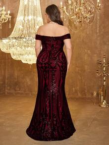 UNITHORSE Plus Size Women Off Shoulder Backless Dress, Glitter Sequins Decoration, Elegant Evening Party Dress, Bride Dress, Birthday Outfits, Graduation Dress, Formal Dress, Fall Women Clothes - 酒紅色 - 查看 2