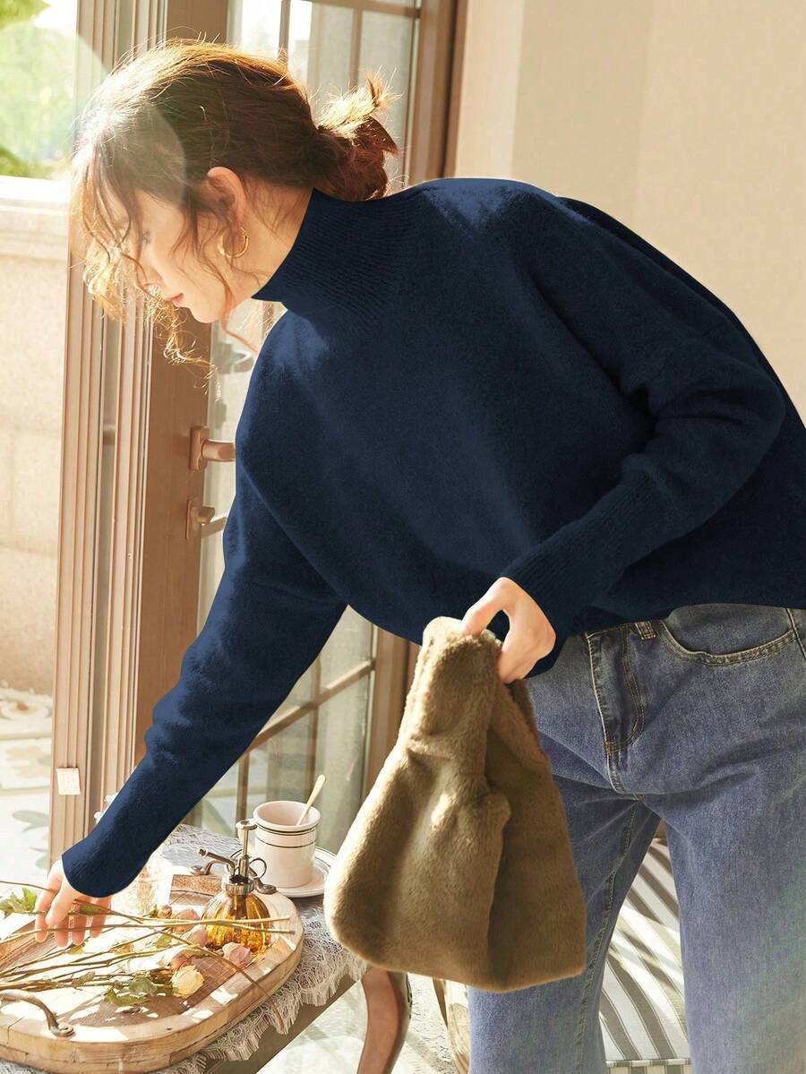 Knit Mix Áo len nữ cổ cao dáng rộng, thích hợp cho mùa thu/đông, áo chui đầu tay dài dày dặn, thiết kế họa tiết đồng xu cổ điển, thời trang đa năng cho Giáng sinh, Năm mới, Ngày lễ tình nhân, mùa tựu trường.