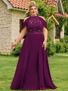 Đầm dạ hội cỡ lớn bằng chiffon đính sequin, ren hoa, khoét vai, thích hợp cho dạ hội, lễ tốt nghiệp, đám cưới, tiệc sinh nhật mùa hè thanh lịch. - Màu Tím - Xem 5