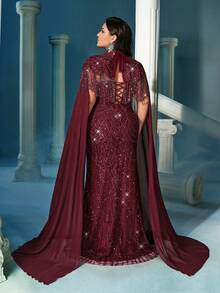 LUVISTRUE Plus Size Sequin Embellished Stand Collar Formal Dress Gown, Suitable For Formal Dinner (Highly Decorative) Wedding Spring - Burgundy - View 2