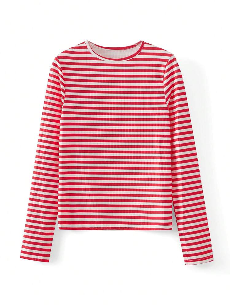 Women Y2K Striped Knit T Shirt Contrast ColorRound Neck Long Sleeve Slim Fit Ribbed Knitted Tee Shirts Pullover Tops Fall Spring Basic Layering Shirts Going Out Tops Casual Streetwear - 紅色 - 查看 6
