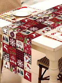 1pc Festive Christmas Table Runner, Multi-Grid Christmas Elements Table Flag, Santa Snowman Elk Xmas Tree Pattern, Polyester Fabric, Seasonal Winter Xmas Kitchen Dining Table Decoration For Home Party Decor, Christmas Decorations 2025