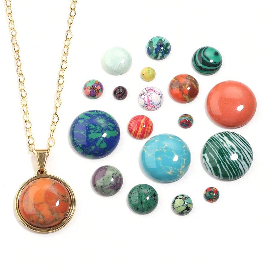 5-10pcs/Pack Round Turquoise Print Gemstone Cabochons, Random Mixed Colors, Fashionable Casual Elegant Vintage Handmade DIY Gemstone Stickers Suitable For Necklace, Ring, Bracelet Crafts, Jewelry Decoration, Inlay Materials