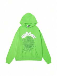 Spider Web Foam Print Hip-Hop Loose Terry Hooded Sweatshirt - 綠色 - 查看 2