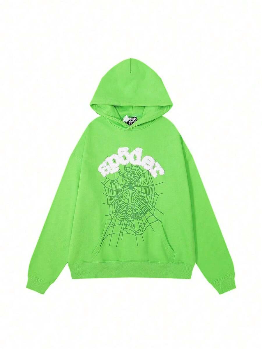 Spider Web Foam Print Hip-Hop Loose Terry Hooded Sweatshirt - 綠色 - 查看 1