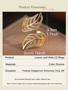 1 chiếc nhẫn đính hôn hình lá nhiều lớp mộng mơ đính đá Zirconia, mạ vàng, phù hợp cho nữ đeo hàng ngày, có thể mở ra, quà tặng trang sức. - Vàng - Xem 4