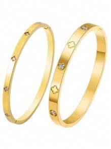 Vintage Elegant High-Grade Stainless Steel Zirconia Flower Women's Jewelry Bracelet & Bangle Set, Suitable For Daily Wear