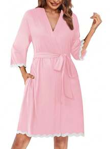 Women Kimono Robe 3/4 Sleeves Loungewear Dress Knee Length Sleepwear Pockets Housecoat Short Bathrobe S-XXL - 藏蓝色 - 查看 6