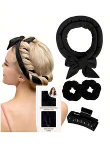 免热卷发棒头带，免热卷发丝带，带发圈，睡眠卷发丝带发卷，自然柔软波浪 DIY 发卷造型工具 - 黑色 - 查看 2