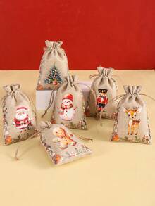 6 pezzi Borse regalo in juta con motivi natalizi ad acquerello, con laccetti, con disegni misti di Babbo Natale, Schiaccianoci e soldato, borse in lino riutilizzabili per feste, ideali per confezioni regalo, baby shower, decorazioni natalizie per la casa 2025, borse multiuso per regali Capodanno 2026