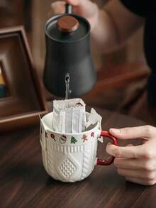 1/2pcs Ceramic Couple Mugs, Embossed Holiday Pattern - Christmas And Valentine's Day Gifts, Home Kitchen Red Handle Dishwasher Coffee Cups, Holiday Mug Gifts | Romantic Gift Mugs | Ceramic, Coffee Couples Gifts | Valentine's Day And New Year Gifts, Lady Milk Cup, Coffee Cup, Water Cup - Multicolor - View 4