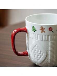 1/2pcs Ceramic Couple Mugs, Embossed Holiday Pattern - Christmas And Valentine's Day Gifts, Home Kitchen Red Handle Dishwasher Coffee Cups, Holiday Mug Gifts | Romantic Gift Mugs | Ceramic, Coffee Couples Gifts | Valentine's Day And New Year Gifts, Lady Milk Cup, Coffee Cup, Water Cup - Multicolor - View 8