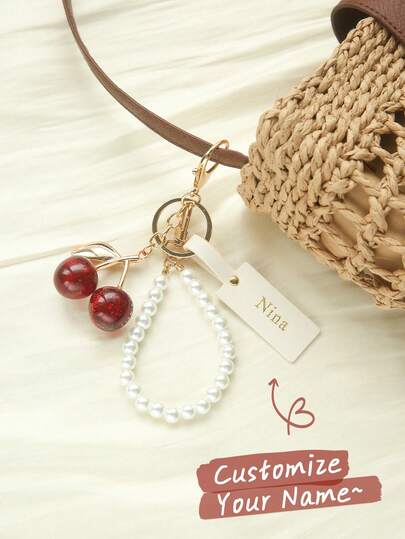 1pc Customized Initial Letter Cherry Keychain, Shiny Resin Pendant With Customizable Gold Letter Combination, Personalized Velvet Coated Cherry Keyring With C-Shape Hook, Suitable For Women's Wallets And Bags, Ideal Gift For Family, Friends And Couples, Valentine's Day Gift, Valentine's Day Bracelet, Valentine's Day