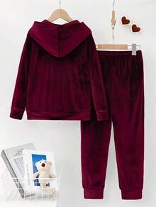 Conjunto de sudadera con capucha y pantalones con cordón de unicolor casual para mujer - Burdeos - Ver 2