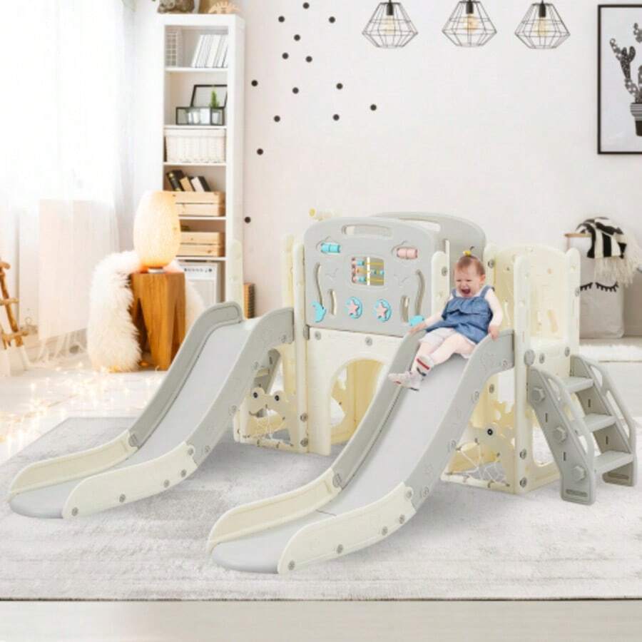 Große 7-in-1-Spielanlage für Kinder mit Rutsche, Schaukel, Kletterplattform, praktischem Unterschrank, Lochbohrspiel, Basketballkorb & Treppe - Premium-Spielgerät aus hochwertigem Polyethylen (HDPE) für Garten, Terrasse oder Indoor | Sicher & stabil | Ozeanball nicht enthalten