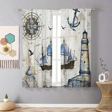 2PCS Antique Marine Theme T Curtain Panels-2pcs Marine Sailboat, Seagull, Lighthouse And Compass Printed On Wood Grain Background-Rod Pocket Polyester Curtain For Living Room, Bedroom, Kitchen-Machine Washable - Multicolor - View 2