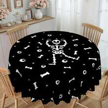 1pc Halloween Tablecloth - Black & White Ghost Hand, Cat, Moon, Skull Pattern - Wrinkle-Resistant Polyester Rectangular/Round Tablecloth, Suitable For Indoor/Outdoor Theme Parties, Holiday Dinners, Home Decor, Machine Washable, Easy Care, Perfect For Holiday Atmosphere Lovers