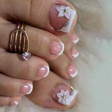 French Tip Press On Toenails Short Square Fake Toe Nails White Flower False Toenails 3D Floral Toe Press On Nails With Rhiness Design Ossy Pink Acrylic Toenails Summer Nails For Women 24Pcs-0345 - 粉色 - 查看 1