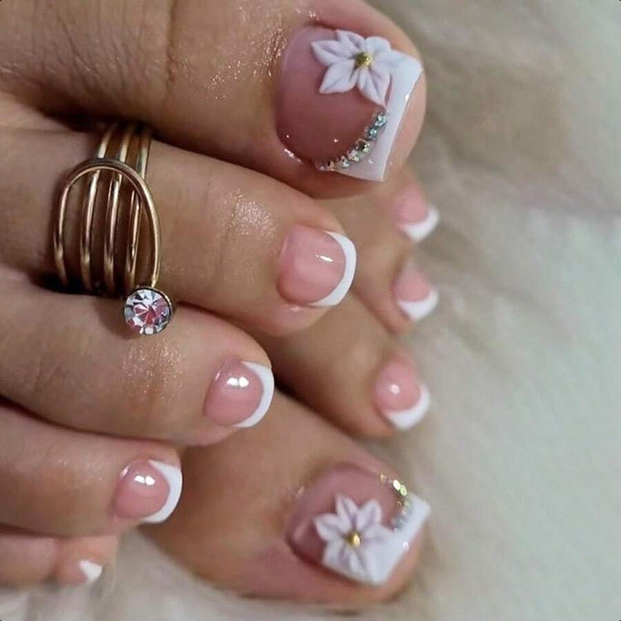 French Tip Press On Toenails Short Square Fake Toe Nails White Flower False Toenails 3D Floral Toe Press On Nails With Rhiness Design Ossy Pink Acrylic Toenails Summer Nails For Women 24Pcs-0345 - 粉色 - 查看 1