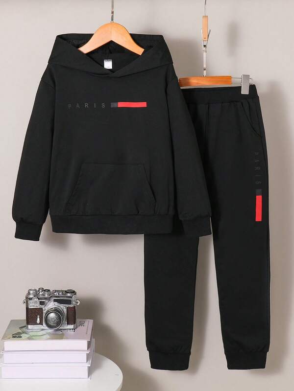 Set de 2 piezas de sudadera con capucha y pantalones con estampado de letras para niños, conjuntos de ropa casual y deportiva de moda para niños pequeños/niños, otoño/invierno