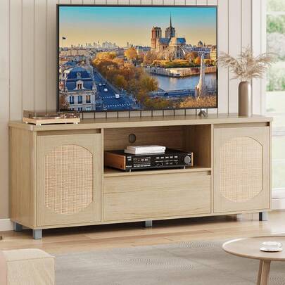 Mueble TV de estilo rústico de 63 pulgadas para apartamentos, centro de entretenimiento ahorra espacio de ratán/madera con gabinete de almacenamiento, cajón, estante abierto, consola multimedia moderna para espacios pequeños, mueble TV boho natural de 65 pulgadas, centro de entretenimiento de ratán con puertas y estantes ajustables, consola TV bohemia con almacenamiento para sala de estar/dormitorio