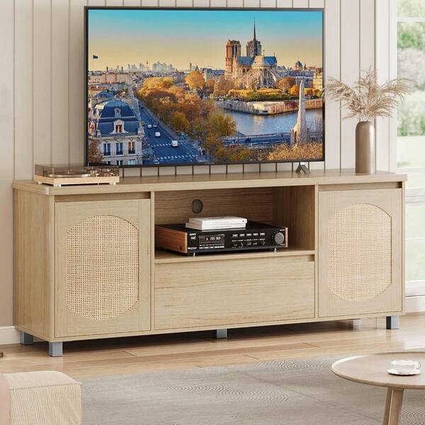 6‌3 Inch Farmhouse TV Stand For Apartments, Space-Saving Rattan/Wood Entertainment Center With Storage Cabinet, Drawer, Open Shelf, Modern Media Console For Small Spaces, Natural  Boho TV Stand For 65 Inch TV, Rattan Entertainment Center With Doors And Adjustable Shelves, Bohemian TV Console With Storage For Living Room/Bedroom