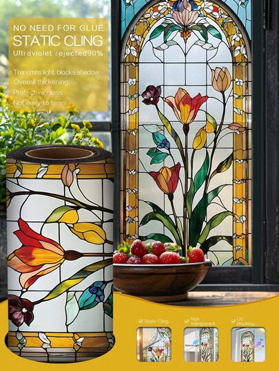 1 rollo de 1m/2m/3m Película estática de colores 3D con estilo floral pintado a mano de estilo vintage y rural, película decorativa para ventanas, privacidad removible y fácil de instalar, vinilo para ventanas, bloqueo UV, aislamiento térmico, película decorativa para vidrio del hogar, adhesivo para ventanas