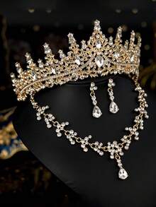 1 Set de Accesorios Nupciales - Corona con decoración de Cristal Rojo, Collar, Aretes (4 piezas), Conjunto de Joyería de Boda, Adecuado para Vestido de Novia, Vestido de Gala, Baile de Graduación, Fiesta - Dorado - Ver 3