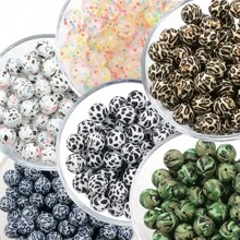 20pcs 12/15mm Leopard & Cow Print Silicone Beads, DIY Necklace Bracelet Jewelry Making Keychain Decoration Beads Set