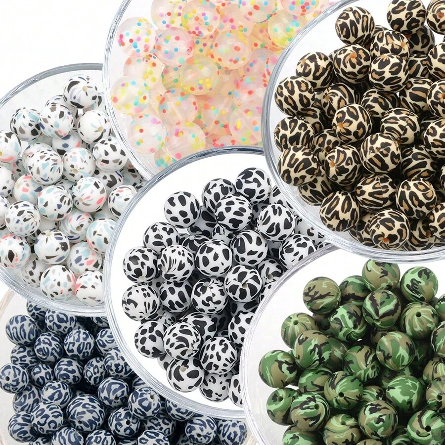 20pcs 12/15mm Leopard & Cow Print Silicone Beads, DIY Necklace Bracelet Jewelry Making Keychain Decoration Beads Set