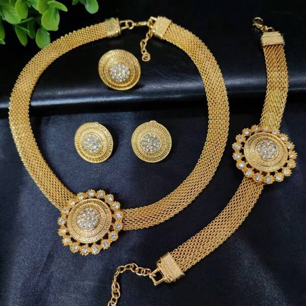 Ensemble de bijoux 4 pièces plaqué or - collier, boucles d'oreilles, bracelet, bague - accessoires de mariage et de mariée pour femmes