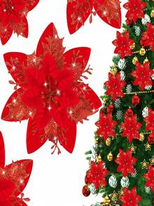 10pcs Shiny Flower Petals Decor, Artificial Poinsettia Flower Wreath, Christmas Tree Decoration, Suitable For Christmas, New Year, Wedding, Party - Multicolor - View 13