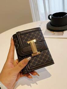 Ví gập 3 ngăn dành cho nữ, ví ngắn màu nâu họa tiết hình học cổ điển, ví đựng nhiều thẻ, ví đựng thẻ ngân hàng, ví đựng thẻ xe buýt, ví ngắn cổ điển dành cho nữ, ví mini, ví nhỏ, ví dễ thương - màu nâu - Xem 2