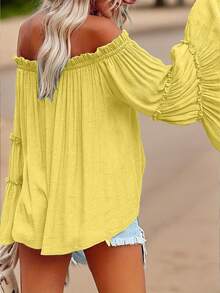 Plus Size Women Solid Color Off-Shoulder Ruffle Sleeve Blouse - Yellow - View 3