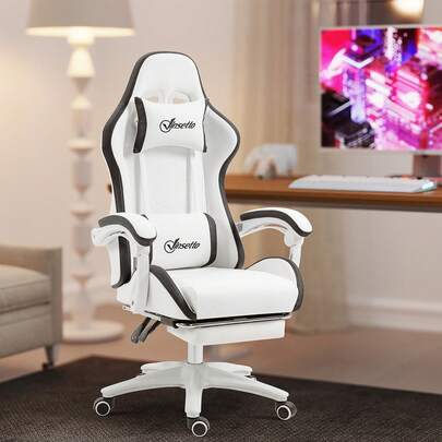  Vinsetto Chaise gaming fauteuil gaming ergonomique repose-pieds télescopique, inclinable à 135°, appui-tête réglable et support lombaire, fauteuil de bureau 360° rotatif , blanc
