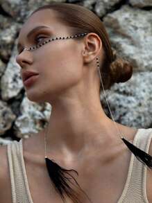 1pc Black Beaded Face Chain With Black Feather Tassel And Nose Bridge, Gold-Color