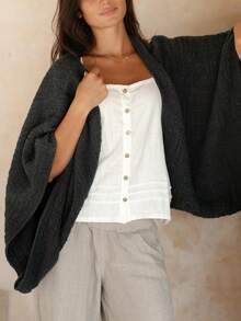 Women Kimono Cardigan Open Front Capes Sheer Shrug Top Swim Beach Cover Up Beachwear Blouse Wrap - màu đen - Xem 2