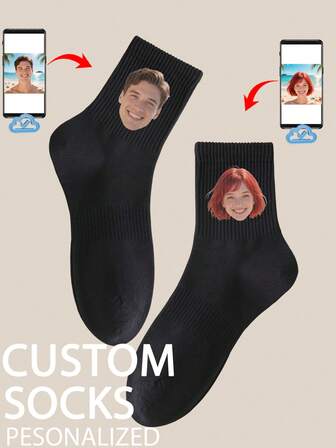 1 Pair Customized Face Print Ankle Socks, Personalized Couple Socks, Photo Printed Socks, Funny Face Design Socks, Customizable Socks For Anniversary, Valentine's Day, Birthday, Wedding, Mother's Day, Father's Day, Best Friend, Parents, Girlfriend, Autumn