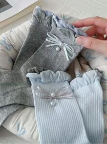 1双夏季薄款甜美珍珠纯色蝴蝶结袖口女士袜子 - 彩色 - 查看 3